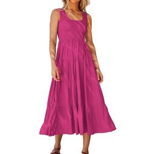 Women's Pink Boho Sleeveless Tiered Midi Dress with Pockets, S [4-6]